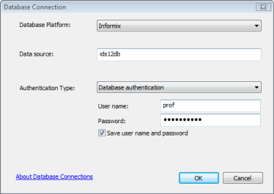 Example Informix connection using a data source name Example Informix connection using a data source name