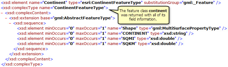 Cities feature class and its field information returned by the filtered DescribeFeatureType operation Cities feature class and its field information returned by the filtered DescribeFeatureType operation